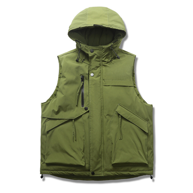 Pánska zimná bavlnená vesta s kapucňou, voľný strih, 3D vrecká, výplň a podšívka z polyesteru, teplá