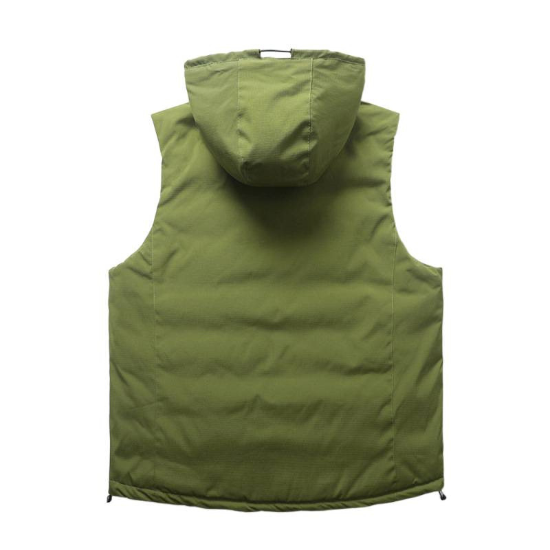 Pánska zimná bavlnená vesta s kapucňou, voľný strih, 3D vrecká, výplň a podšívka z polyesteru, teplá