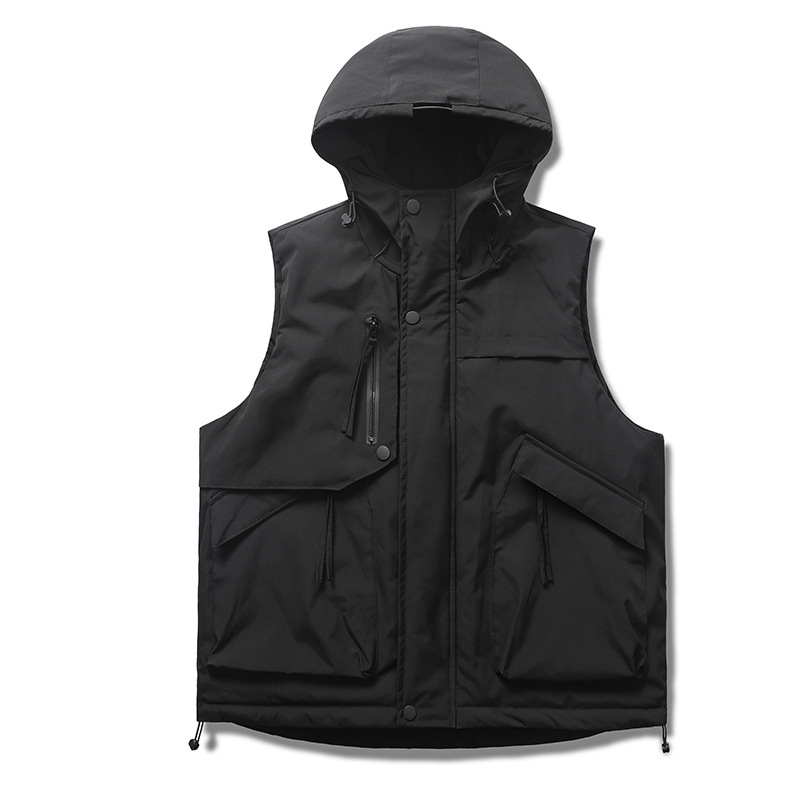 Pánska zimná bavlnená vesta s kapucňou, voľný strih, 3D vrecká, výplň a podšívka z polyesteru, teplá