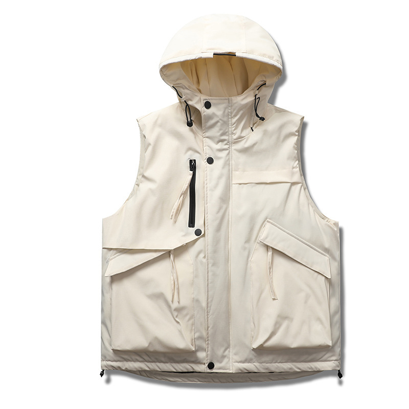 Pánska zimná bavlnená vesta s kapucňou, voľný strih, 3D vrecká, výplň a podšívka z polyesteru, teplá