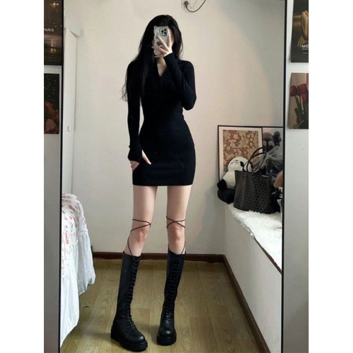 Jesen-zimska haljina u korejskom stilu od velura, nježan za kožu, dugi rukavi, visokim strukom, tijesan kroj, kratka haljina za žene