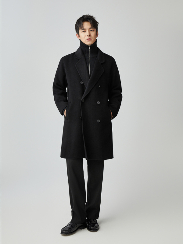 Pánske srsť z čistej vlny, stredná dĺžka, dvojradové zapínanie, obojstranný, klopový golier, vlna >95%