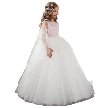 Detské formálne šaty – štýl princeznej s krajkovým plášťom, sieťovaná tkanina, hlavný materiál 95% polyester, podšívka 95%, pre všetky ročné obdobia