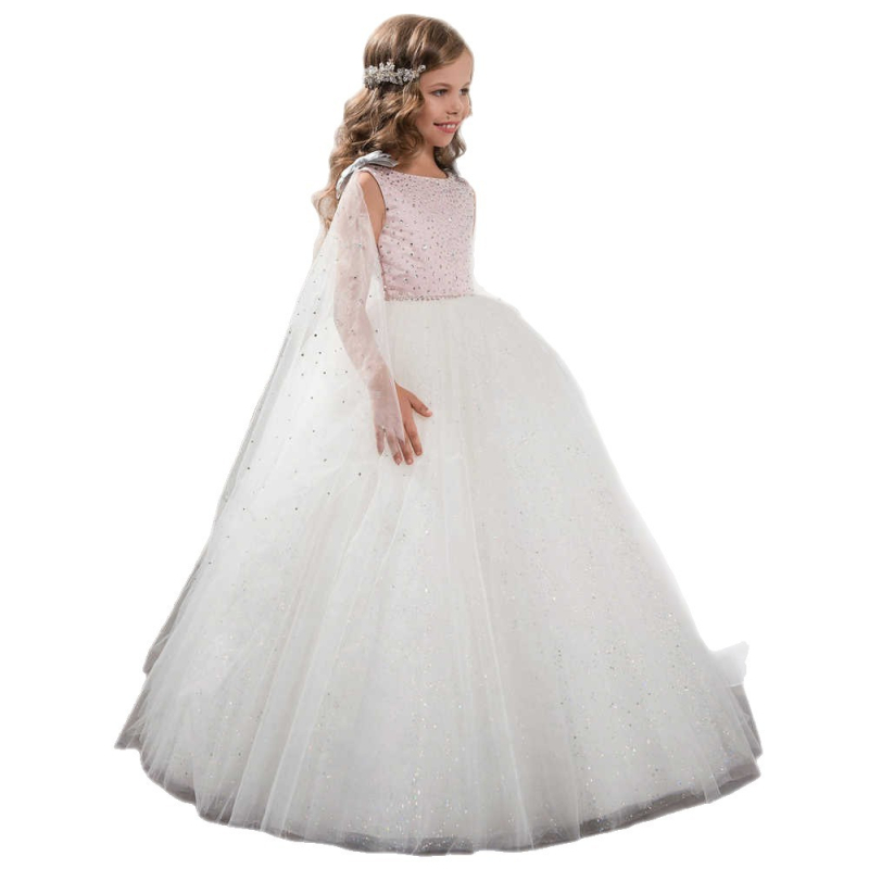 Detské formálne šaty – štýl princeznej s krajkovým plášťom, sieťovaná tkanina, hlavný materiál 95% polyester, podšívka 95%, pre všetky ročné obdobia