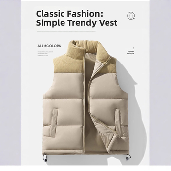 Ανδρικό γιλέκο με παχιά γέμιση από πούπουλο-βαμβάκι, χωρίς μανίκια, σχέδιο color-block, εξωτερικό πολυεστέρα, επένδυση από ακέτα ίνες