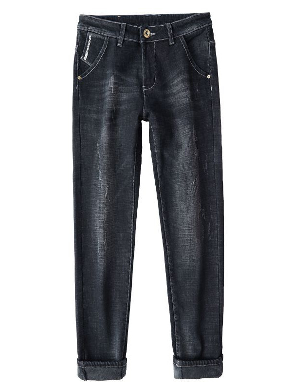 Muške traperice s flis podstavom, ravni kroj, zatvarač, isprao denim, za proljeće