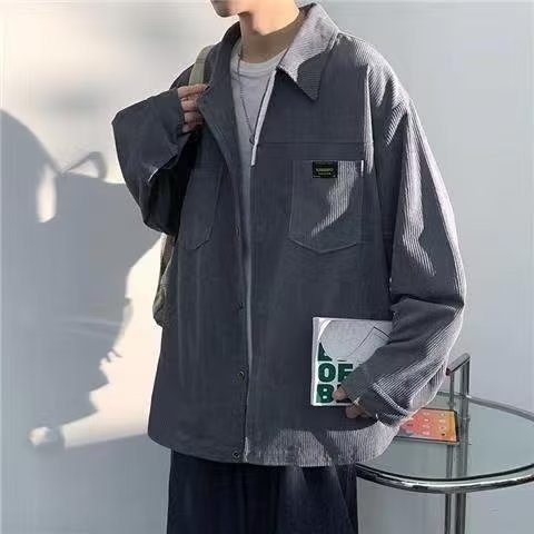 Muška corduroy košulja-jakna, dugi rukavi, širok kroj, ovratnik s reverom, jednobojna