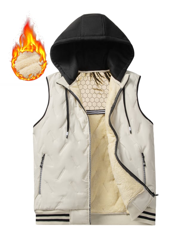 Pánska bavlnená vesta s kapucňou, hrubá, blokový vzor, zipsové vrecká