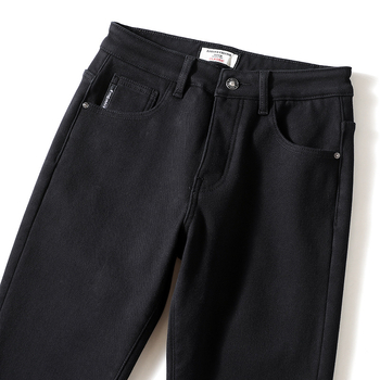 Jeansi denim bărbați, căptușiți cu fleece pentru iarnă, croială dreaptă, talie medie, fermoar, stil coreean, 98% bumbac