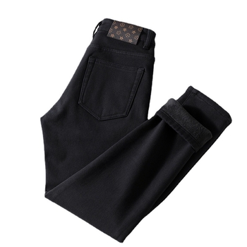 Jeansi denim bărbați, căptușiți cu fleece pentru iarnă, croială dreaptă, talie medie, fermoar, stil coreean, 98% bumbac