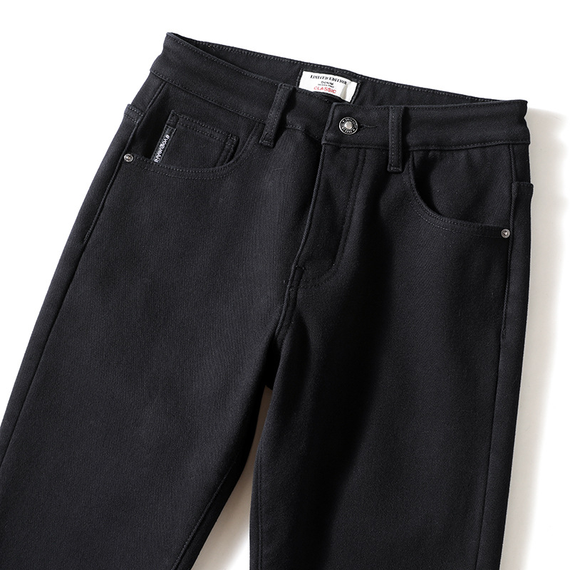 Jeansi denim bărbați, căptușiți cu fleece pentru iarnă, croială dreaptă, talie medie, fermoar, stil coreean, 98% bumbac