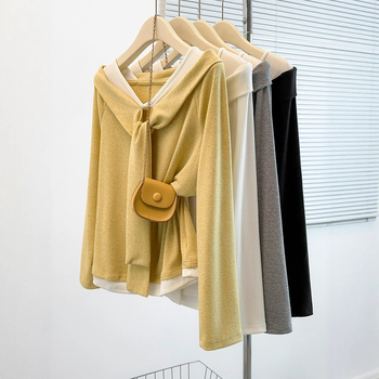 Dámske bavlnené tričko s jedným ramenom a dlhým rukávom, blokový vzor, 50–70% bavlna, V-krk, rovný strih, japonsko-kórejský štýl