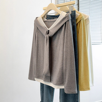 Dámske bavlnené tričko s jedným ramenom a dlhým rukávom, blokový vzor, 50–70% bavlna, V-krk, rovný strih, japonsko-kórejský štýl