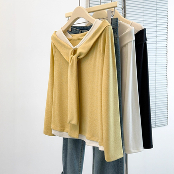 Dámske bavlnené tričko s jedným ramenom a dlhým rukávom, blokový vzor, 50–70% bavlna, V-krk, rovný strih, japonsko-kórejský štýl