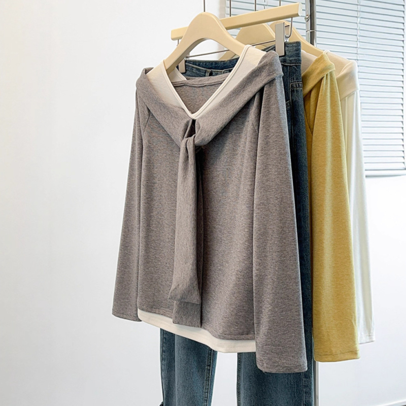 Dámske bavlnené tričko s jedným ramenom a dlhým rukávom, blokový vzor, 50–70% bavlna, V-krk, rovný strih, japonsko-kórejský štýl