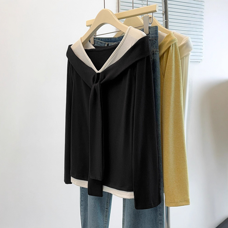 Dámske bavlnené tričko s jedným ramenom a dlhým rukávom, blokový vzor, 50–70% bavlna, V-krk, rovný strih, japonsko-kórejský štýl