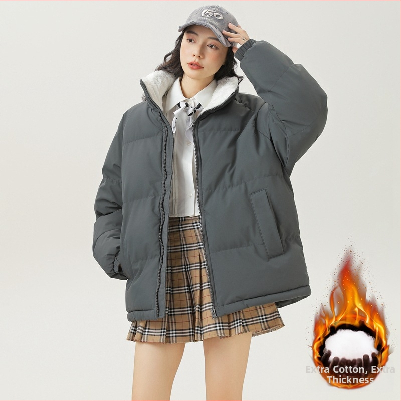 Unisex paltas su poliesterio–medvilnės užpildo, Korėjos stiliaus kardiganas, laisvas kirpimas, užtrauktukas, stovima kakla, vienoda spalva, šiltas žiemai, pamušalas poliesteris