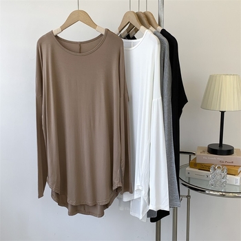 Rochie T‑shirt pentru femei cu mâneci lungi, din bumbac (95%+), guler rotund, lungime medie
