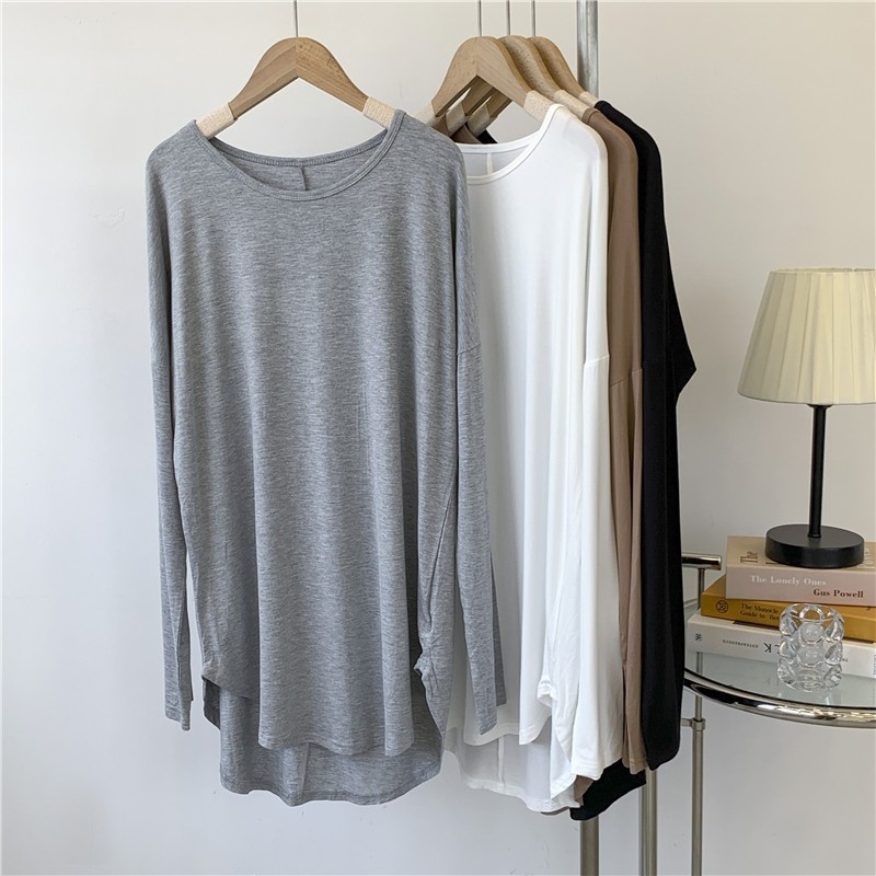 Rochie T‑shirt pentru femei cu mâneci lungi, din bumbac (95%+), guler rotund, lungime medie
