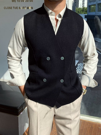 Jesenná pánska vesta v britskom retro štýle, úzky strih, vzor rybia kosť