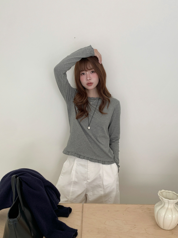 GAGD tricou cu mâneci lungi, stil coreean, guler rotund, croială Slim, amestec de bumbac