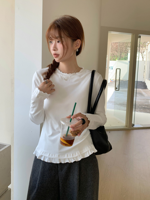 GAGD tricou cu mâneci lungi, stil coreean, guler rotund, croială Slim, amestec de bumbac