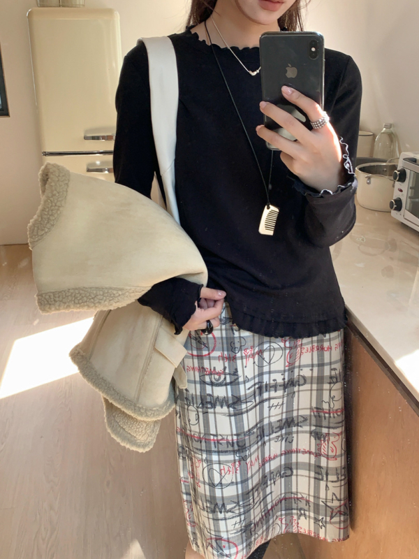 GAGD tricou cu mâneci lungi, stil coreean, guler rotund, croială Slim, amestec de bumbac