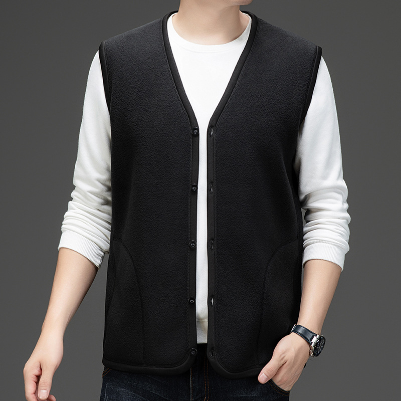 Pánska flisová vesta s fleecovou podšívkou, V-krk, voľný strih, štýl kardigán, viac vreciek