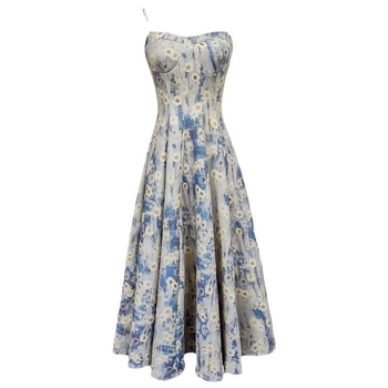 Φόρεμα με γαλλικό στυλ, μπλε floral print σε στιλ λαδιού, χωρίς μανίκια, με τιράντες, μίντι μήκος, ψηλή μέση