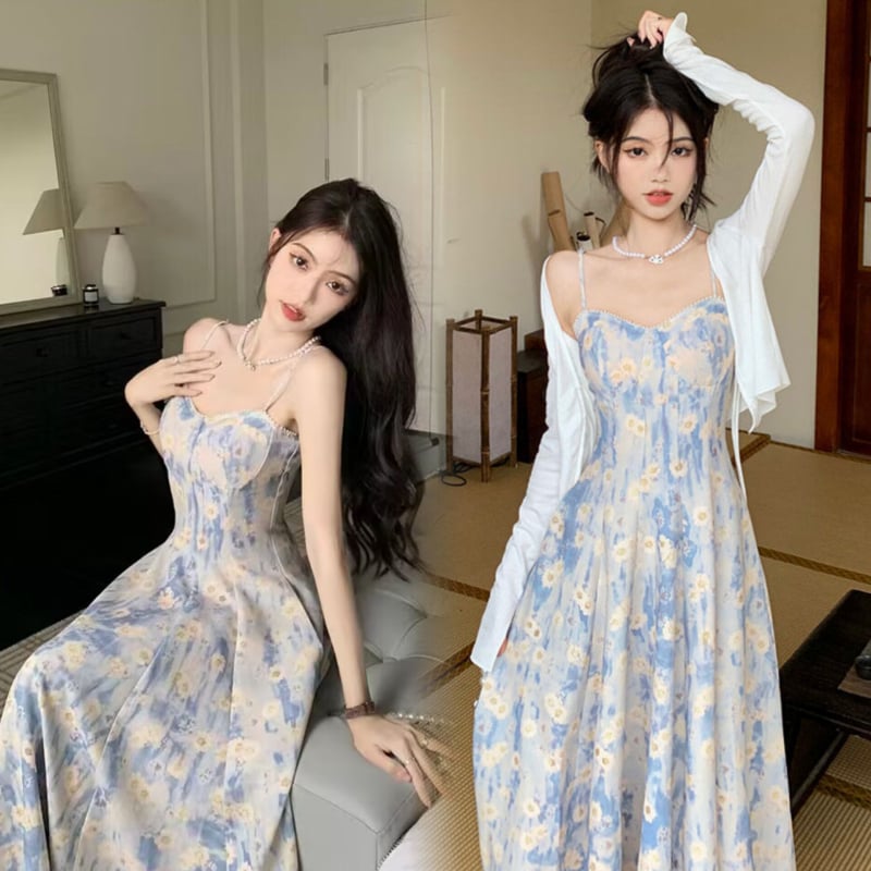 Φόρεμα με γαλλικό στυλ, μπλε floral print σε στιλ λαδιού, χωρίς μανίκια, με τιράντες, μίντι μήκος, ψηλή μέση