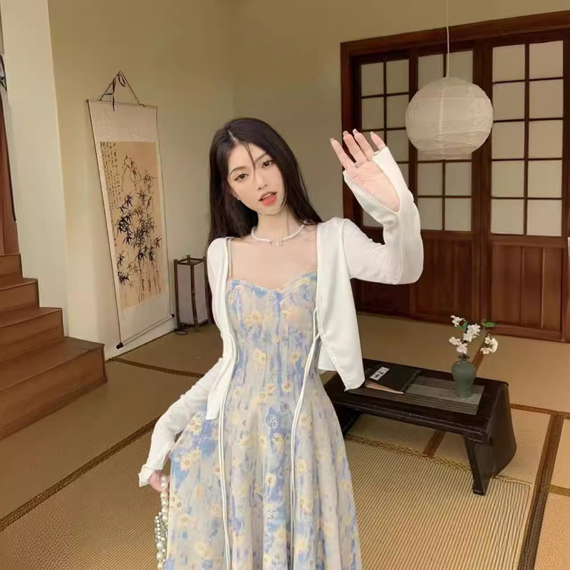 Φόρεμα με γαλλικό στυλ, μπλε floral print σε στιλ λαδιού, χωρίς μανίκια, με τιράντες, μίντι μήκος, ψηλή μέση