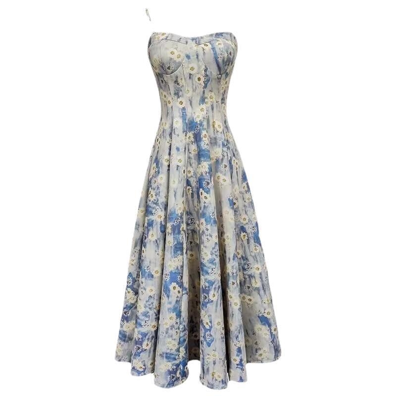 Φόρεμα με γαλλικό στυλ, μπλε floral print σε στιλ λαδιού, χωρίς μανίκια, με τιράντες, μίντι μήκος, ψηλή μέση