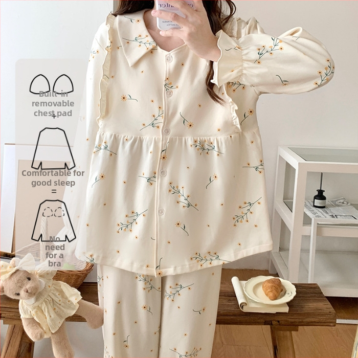 Jesenné–zimné tehotenské pyžamo z ľahkej bavlny s vankúšikmi na prsia, hrubší cardigan, dvojdielny set