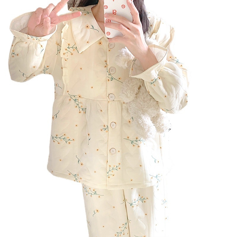 Jesenné–zimné tehotenské pyžamo z ľahkej bavlny s vankúšikmi na prsia, hrubší cardigan, dvojdielny set