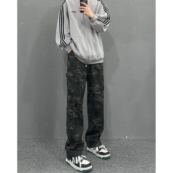 Férfi téli fleece-bélelt farmernadrág, egyenes szárú, pamut, középmagasság, cipzár