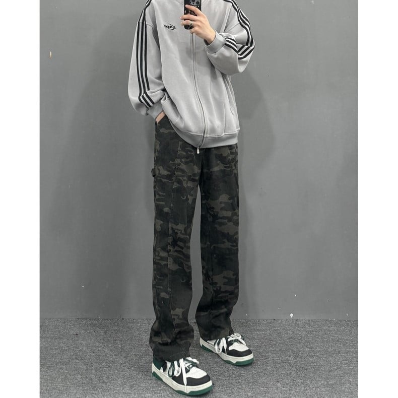 Férfi téli fleece-bélelt farmernadrág, egyenes szárú, pamut, középmagasság, cipzár