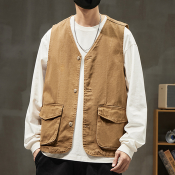 Meeste 100% puuvillane kardigan-vest, Vintage stiil, V-kaelus, ühe riviga eesmine sulgumine, kolmemõõtmelised patch taskud