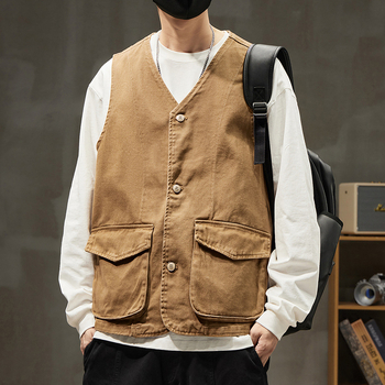 Meeste 100% puuvillane kardigan-vest, Vintage stiil, V-kaelus, ühe riviga eesmine sulgumine, kolmemõõtmelised patch taskud