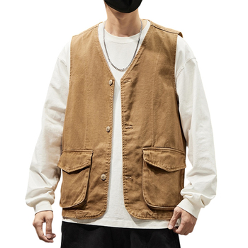 Meeste 100% puuvillane kardigan-vest, Vintage stiil, V-kaelus, ühe riviga eesmine sulgumine, kolmemõõtmelised patch taskud