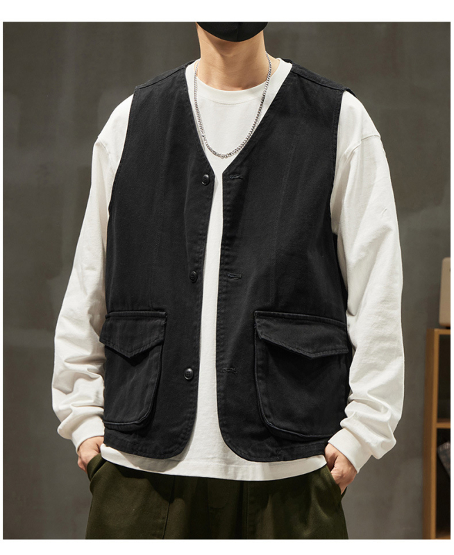 Meeste 100% puuvillane kardigan-vest, Vintage stiil, V-kaelus, ühe riviga eesmine sulgumine, kolmemõõtmelised patch taskud