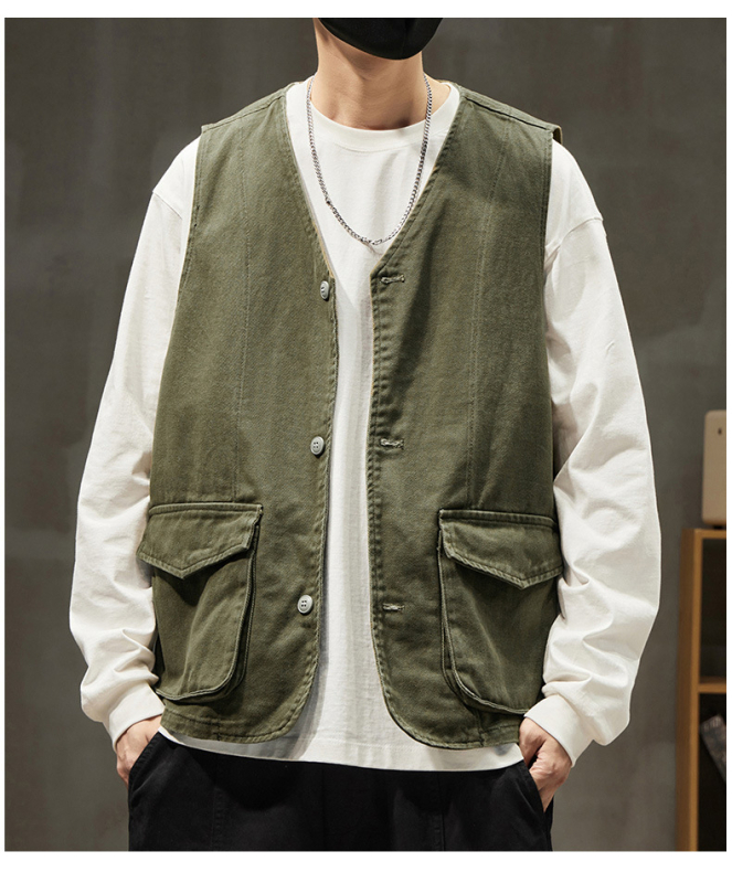 Meeste 100% puuvillane kardigan-vest, Vintage stiil, V-kaelus, ühe riviga eesmine sulgumine, kolmemõõtmelised patch taskud