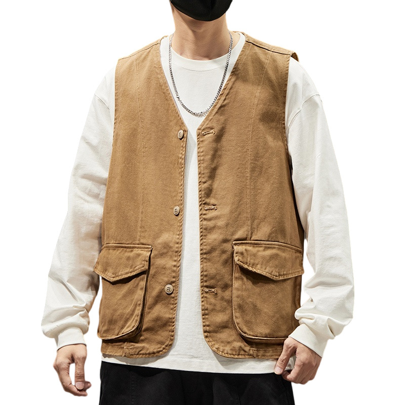 Meeste 100% puuvillane kardigan-vest, Vintage stiil, V-kaelus, ühe riviga eesmine sulgumine, kolmemõõtmelised patch taskud