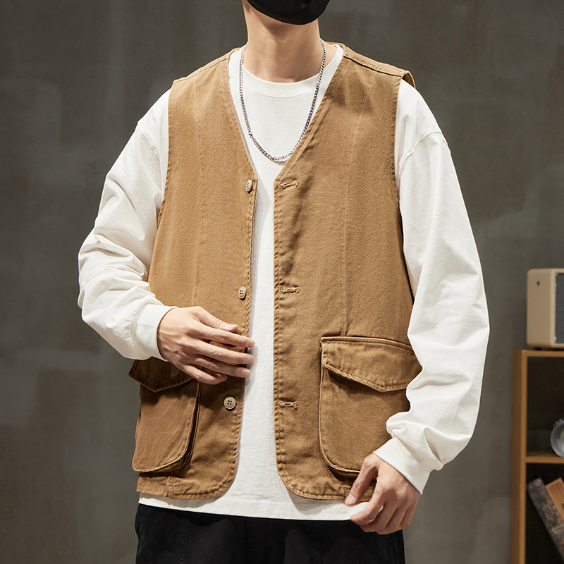 Meeste 100% puuvillane kardigan-vest, Vintage stiil, V-kaelus, ühe riviga eesmine sulgumine, kolmemõõtmelised patch taskud