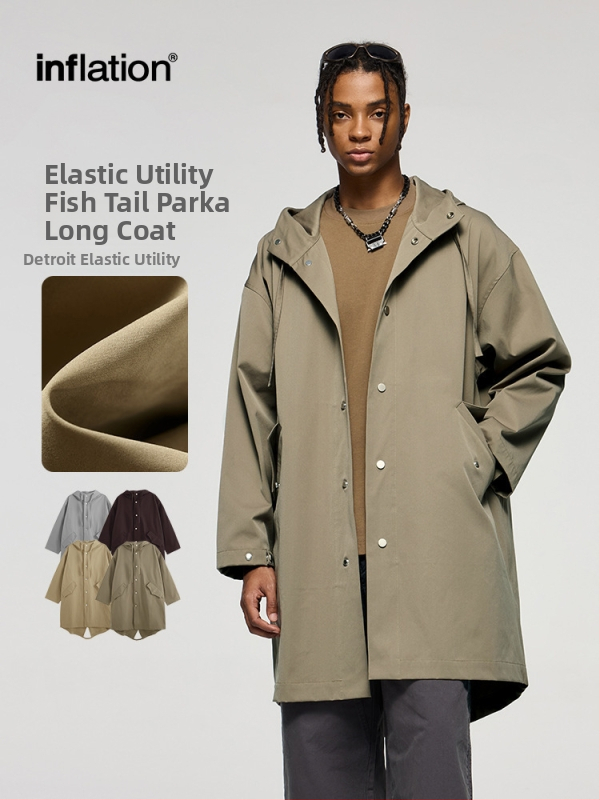 Pánska parka s kapucňou a rybím chvostom - dlhý kabát, voľný strih, mestský štýl, polyesterová podšívka