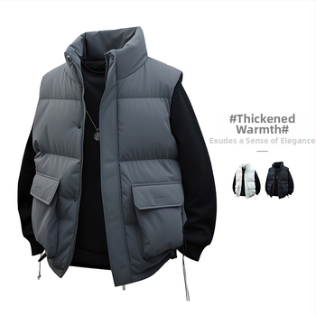 Pánska hrubá bavlnená vesta so stojacim golierom, voľný strih, bez kapucne, 3D patch kapsy