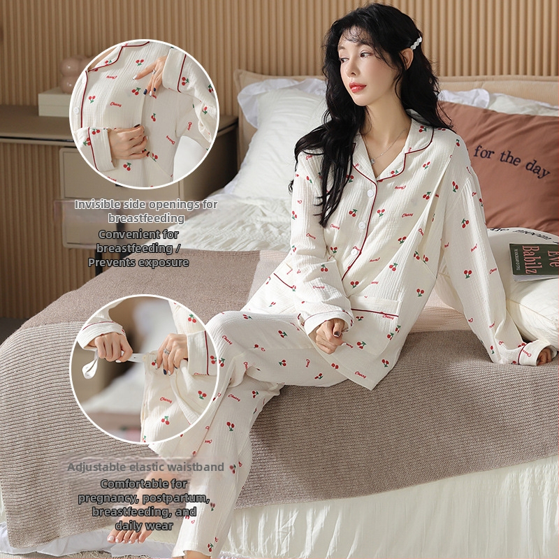 Grūtnieču nakts pyžāmu komplekts barošanai – atvērts priekšējais kardigans, 100% kokvilna, regulējama josta, garas piedurknes un garas bikses