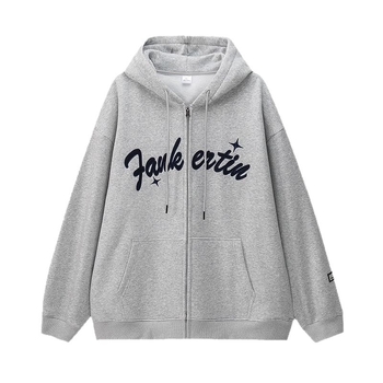 Ανδρική ζακέτα με κουκούλα και εκτύπωση, χαλαρή εφαρμογή, πολυεστέρα 91–95%, φλις επένδυση, φερμουάρ