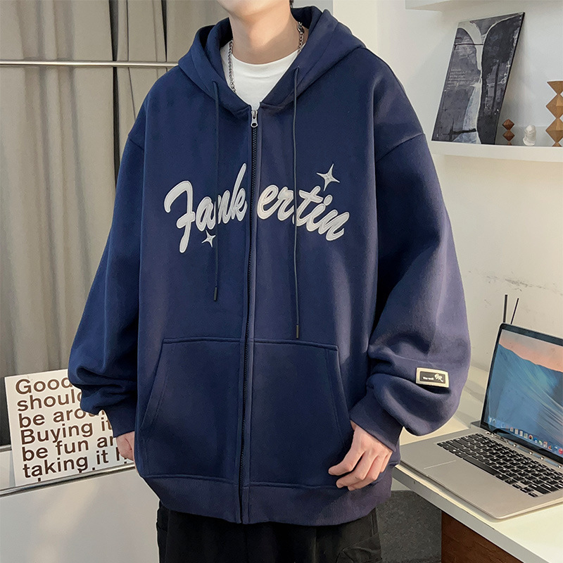 Ανδρική ζακέτα με κουκούλα και εκτύπωση, χαλαρή εφαρμογή, πολυεστέρα 91–95%, φλις επένδυση, φερμουάρ