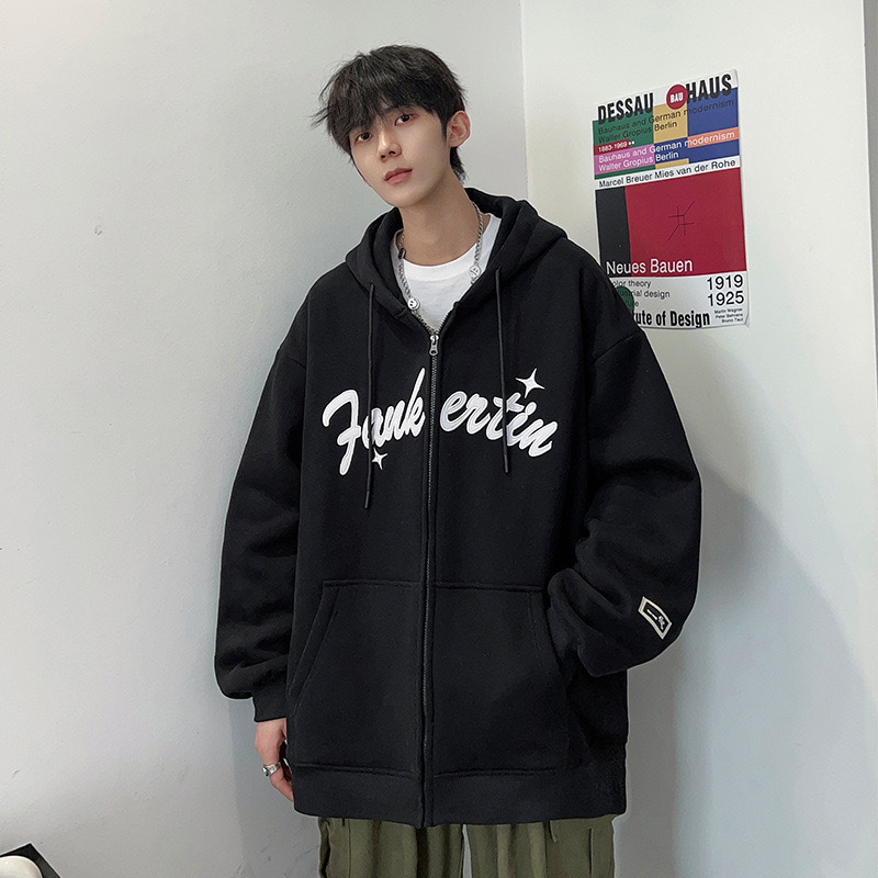 Ανδρική ζακέτα με κουκούλα και εκτύπωση, χαλαρή εφαρμογή, πολυεστέρα 91–95%, φλις επένδυση, φερμουάρ