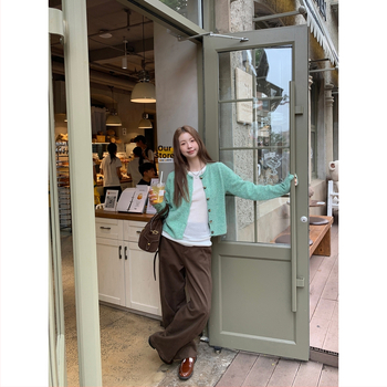 Dámsky kardigan v kórejskom štýle, akrylová pletenina, okrúhly výstrih, dlhé rukávy, patchwork detail